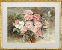 Emily Percy Mann, Pink Flower Bouquet, Watercolor still life shows a grouping of green stemmed & leafy pink flowers against a naturalistic background