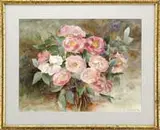 Emily Percy Mann, Pink Flower Bouquet, Watercolor still life shows a grouping of green stemmed & leafy pink flowers against a naturalistic background
