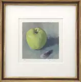 Henriette Wyeth, Green Apple, Purple Shell, Colored lithograph showing a green apple and mussel shell against a bluish background. Pencil signed and numbered “A/P”