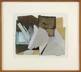 Katherine White, Vinalhaven, Collage on paper having geometric patterns of cloth of different colors. Pencil signed “K. White 1979″