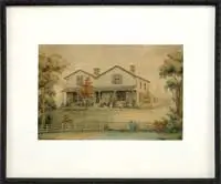 Unsigned, Samuel B, FULLER HOUSE, KITTERY, MAINE – 1841”. Watercolor house portrait showing a large Colonial home with porch and fenced yard