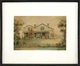 Unsigned, Samuel B, FULLER HOUSE, KITTERY, MAINE – 1841”. Watercolor house portrait showing a large Colonial home with porch and fenced yard