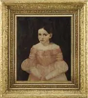 Azel Capen, Portrait of a Young Girl in Pink Dress, Oil on canvas three quarter view shows a young brown haired girl in a fancy puffy sleeve pink dress