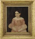 Azel Capen, Portrait of a Young Girl in Pink Dress, Oil on canvas three quarter view shows a young brown haired girl in a fancy puffy sleeve pink dress