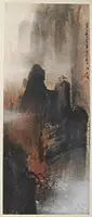 Jiang Mingxian Modern Painting, Untitled, Ink and color on paper, depicting a pavilion on top of mountains in the dawn