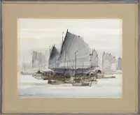 Lo Wai Hin, Harbor with Junks, Watercolor scene shows a harbor with large sailboats and smaller boat in foreground