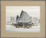 Lo Wai Hin, Harbor with Junks, Watercolor scene shows a harbor with large sailboats and smaller boat in foreground