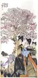 Hanging Scroll, China, Cheng Shifa, Untitled, Ink and color on paper, depicting elegant ladies under peach trees