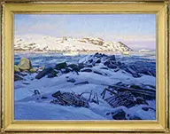 Thomas M. Nicholas, Winter on Monhegan Harbor, Large oil on canvas