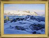 Thomas M. Nicholas, Winter on Monhegan Harbor, Large oil on canvas
