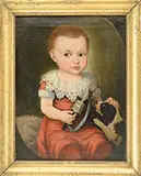 Unsigned, Portrait of a Young Child with Rattle & Dog, Oil on canvas