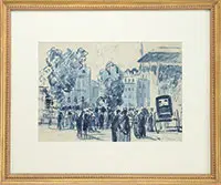 Gifford Beal, Old New York Street Scene, Wash drawing in blue