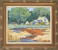Walter Farndon, Farmhouse Near Pond, Oil on canvas