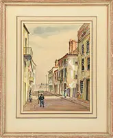 Alfred Heber Hutty, View Looking Down a Charleston, S.C, STREET TO A STEAMBOAT ON THE COOPER RIVER. Watercolor