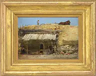 Jervis McEntee, Horse & Cart with Figure Atop a Mine Shaft, Oil on canvas affixed to masonite