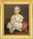 Unsigned, Portrait of a Young Child in White Lace Edged Dress, Oil on wood panel