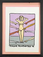 Finger Pointing by James Rizzi, Acrylic on canvas mounted to a pink background board behind glass, sold Feb 2014