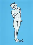 James Rizzi, Nude, Gouache on blue paper