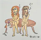 James Rizzi, Two Nudes Smoking on a Bench, Mixed media on gray paper