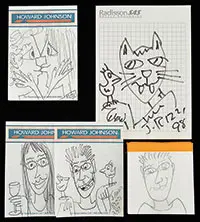 James Rizzi, Flip Book & Drawings on Hotel Pads, 1) Approximately 100 page flip book Pencil drawing of a shoulder & man’s head making faces