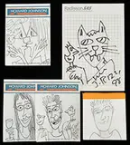 James Rizzi, Flip Book & Drawings on Hotel Pads, 1) Approximately 100 page flip book Pencil drawing of a shoulder & man’s head making faces