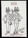 James Rizzi, Three Works, 1) Cat People Marker on hotel stationary (during the 96′ Olympics, GA)