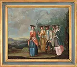 Unsigned, Soldier and Women Strolling with Guns & Swords, Oil on canvas
