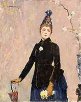 John Saint-Germier, Woman with Parasol and Flowers, Oil on wood panel
