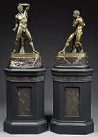 Pietro Chiapparelli, Pair of Classical Pugilist Figures, Bronze Accompanying each bronze is a marble oval base. These sit atop a faux marble tall painted wood stand
