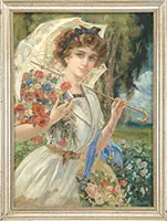 Signed, Young Woman with Flowers & Parasol, Pastel on canvas
