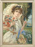 Signed, Young Woman with Flowers & Parasol, Pastel on canvas