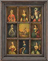 Unsigned, Nine Miniature Portraits, Oil on board The nine miniatures affixed to a wood panel with carved lattice and housed in a molded wood 19th C frame