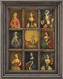 Unsigned, Nine Miniature Portraits, Oil on board The nine miniatures affixed to a wood panel with carved lattice and housed in a molded wood 19th C frame