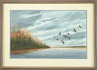 William P Tyner, Two Works: Flock of Red Heads Landing and Canada Geese Flying, Watercolors