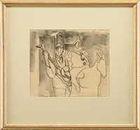 Jack Shadbolt, Figure with Guitar and Clown on Horse, Pencil on paper