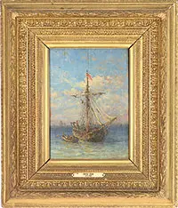 Félix Ziem, Moored Galleon with Rowboat, Oil on wood panel