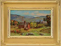 Bernard Cory, Red Barn with Mountain View, Oil on masonite