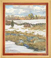 Tom Hughes, Stone Wall in Snow Covered Field, Oil on canvas