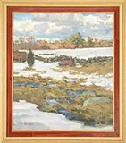 Tom Hughes, Stone Wall in Snow Covered Field, Oil on canvas