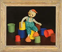 Samuel Rose, Two Works: Toy Clown Seated on Cups & Clown with Jack-In-The-Box, Oil on masonite