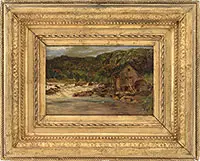 Initialed, Mill Along the River, Oil on wood panel