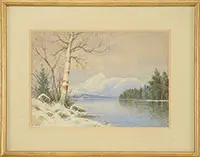 William Frederick Paskell, Four Landscape Works, Watercolors; two winter scenes, ship on beach at low tide, & landscape