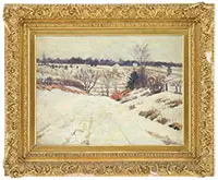 Albert Scott Cox, Winter Landscape with Fields & Houses, Oil on canvas