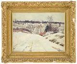 Albert Scott Cox, Winter Landscape with Fields & Houses, Oil on canvas