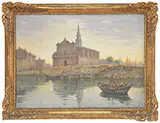 Étienne Mein, Church Beside River, Oil on canvas