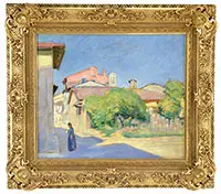 Signed, Figure on Sunlit Street, Oil on canvas
