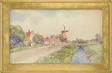 Signed, Dutch Landscape with Windmill, Watercolor