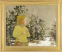 George Robert Cheyssial, Winter Landscape with Girl in Yellow, Oil on canvas