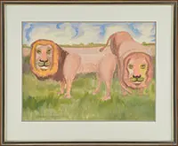 Two Lions by Bernard Langlais, Oil and pencil on paper, sold Aug 2013