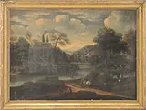 Unsigned, Classical Landscape with Castle, Water & Figures, Oil on canvas